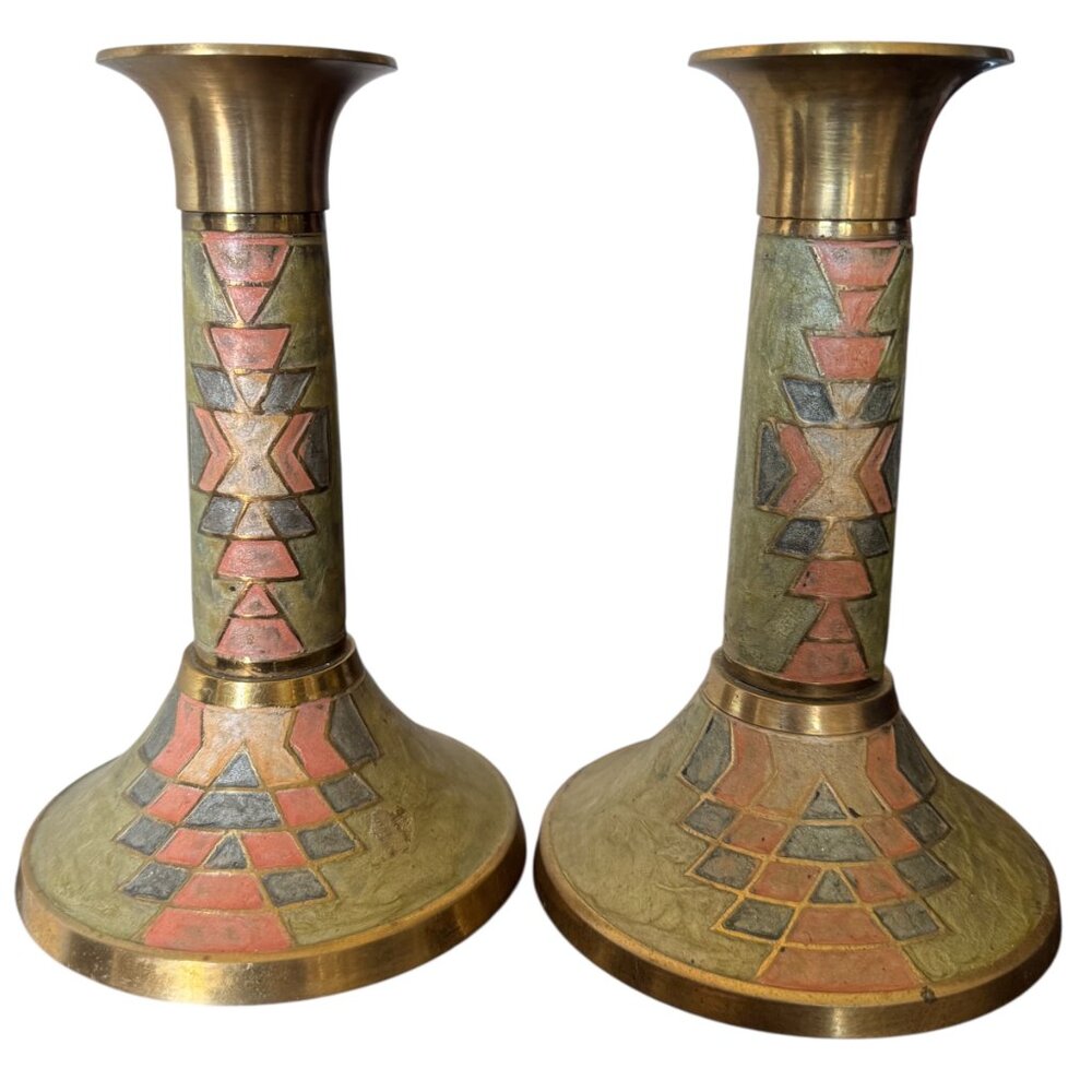 Vintage Brass Candlestick Holders 80s Mosaic Design Soft Pastel Colors Set of 2